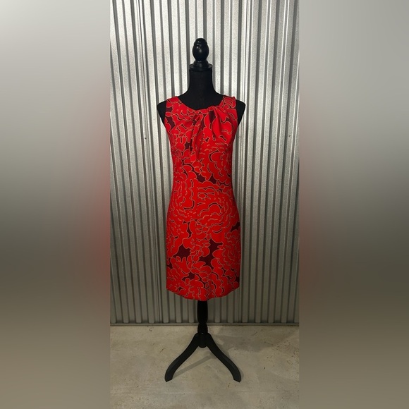 Women’s Designer Abbey Glass Red Poly Blend Geometric Bow MIDI Dress Size Small - Picture 1 of 8